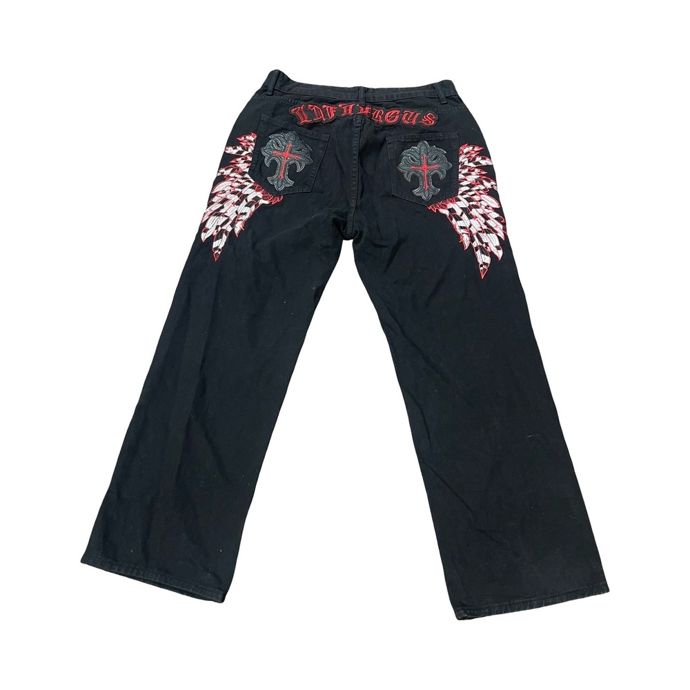Infamous Black Denim Y2K Gothic Cross Wing Embroidered Wide Leg Jeans Mens 2XL
